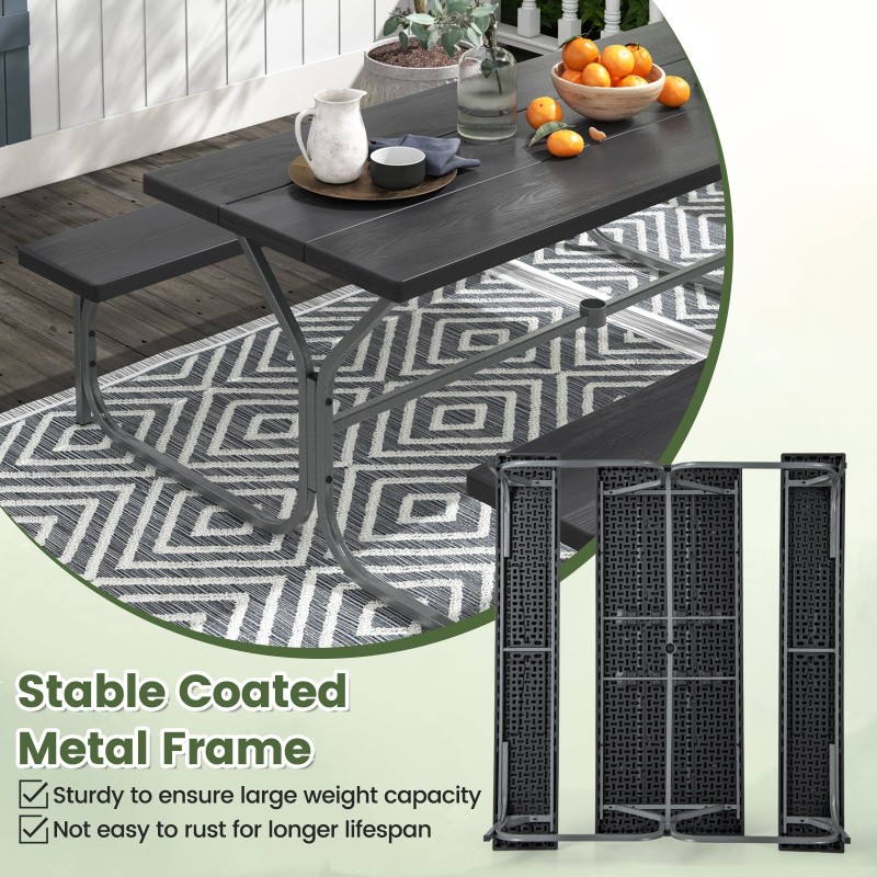 183 cm musta piknikpöytä penkkisetti aurinkovarjoreiällä