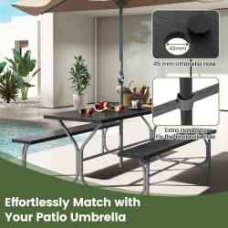 183 cm musta piknikpöytä penkkisetti aurinkovarjoreiällä