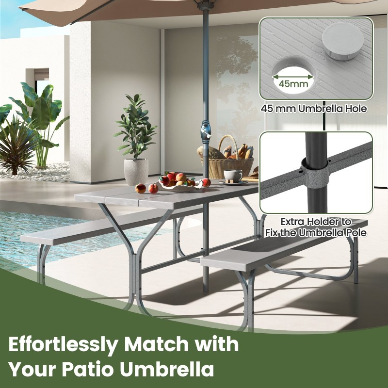 Harmaa 183 cm piknikpöytäsetti aurinkovarjoreiällä ulkokäyttöön