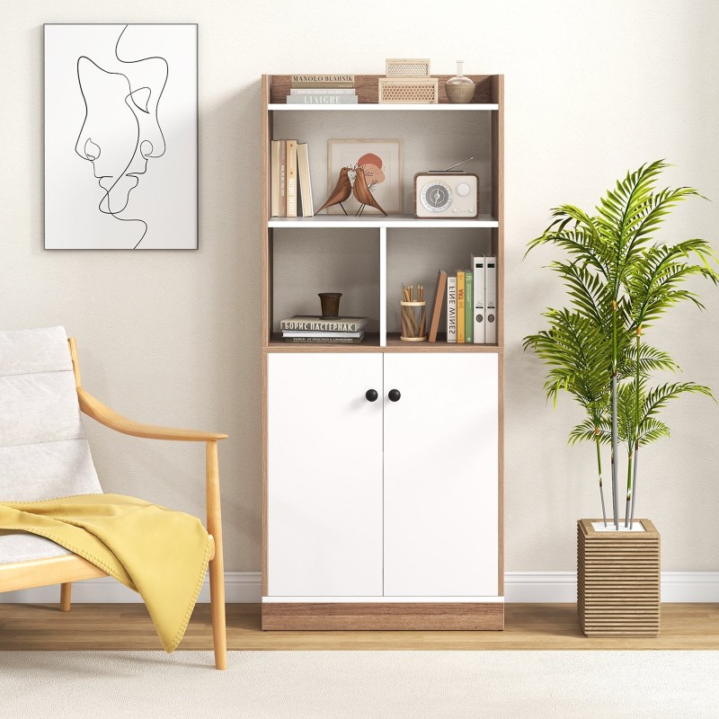 Kolmitasoinen kirjahylly kaapilla, valkoinen ja luonnollinen