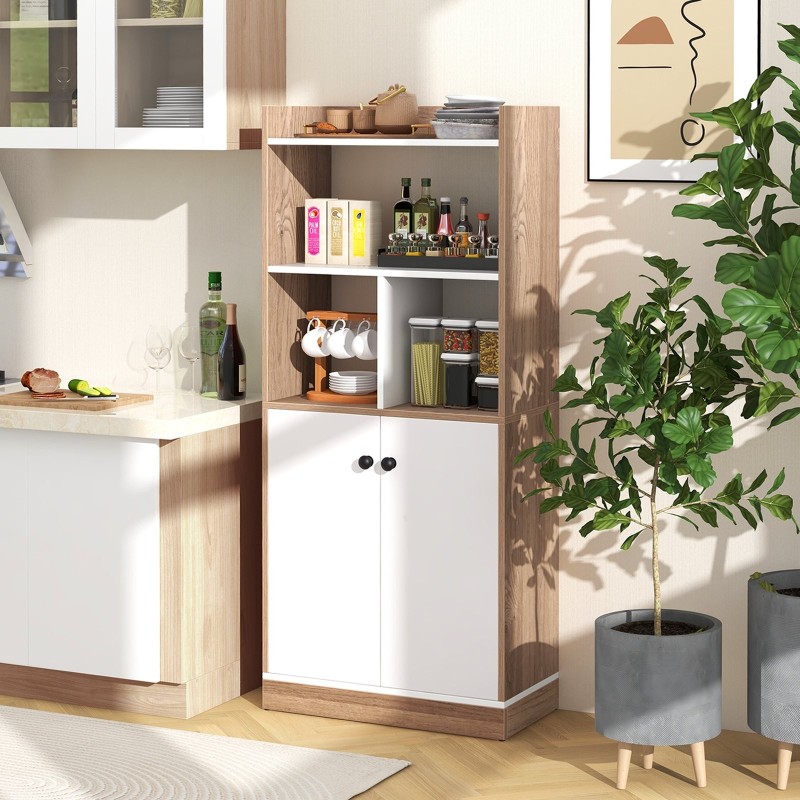 Kolmitasoinen kirjahylly kaapilla, valkoinen ja luonnollinen