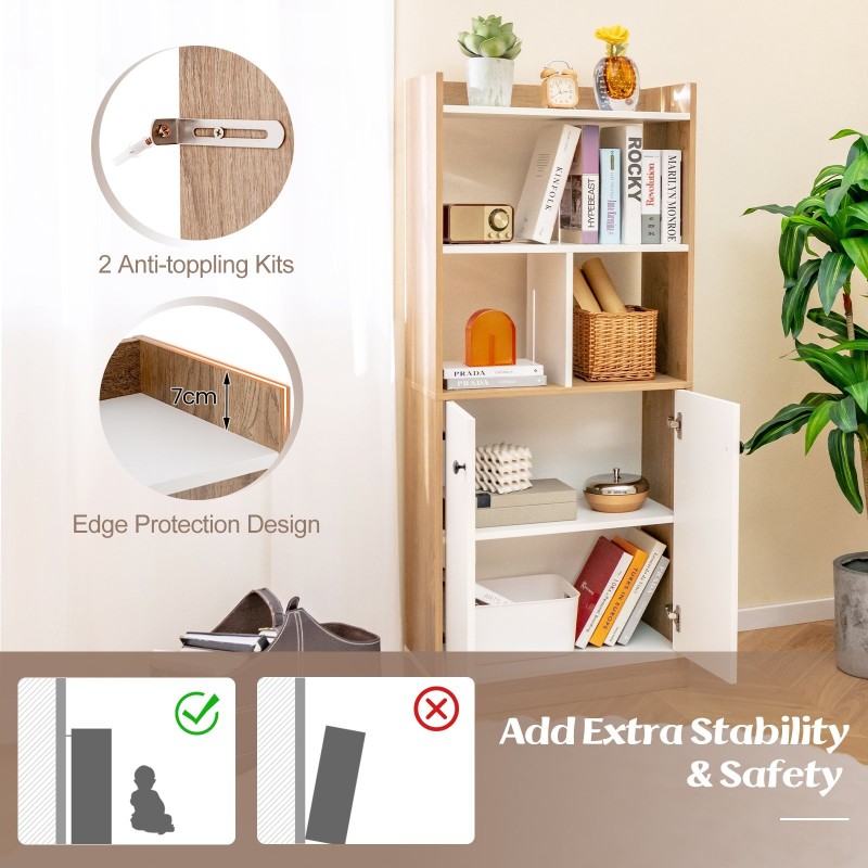 Kolmitasoinen kirjahylly kaapilla, valkoinen ja luonnollinen