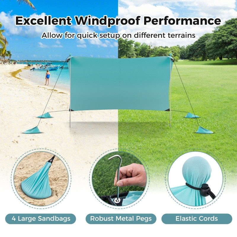 Rantalippa UPF 50+ suojalla ja hiekkasäkeillä, turkoosi