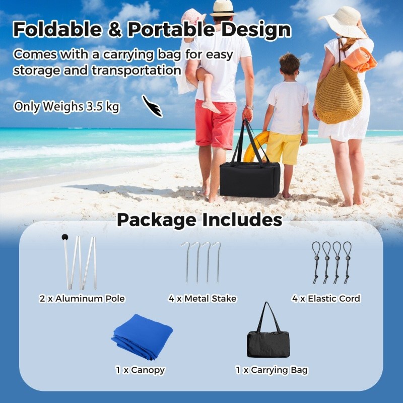 Sininen rantateltta aurinkosuoja UPF 50+ hiekkasäkeillä