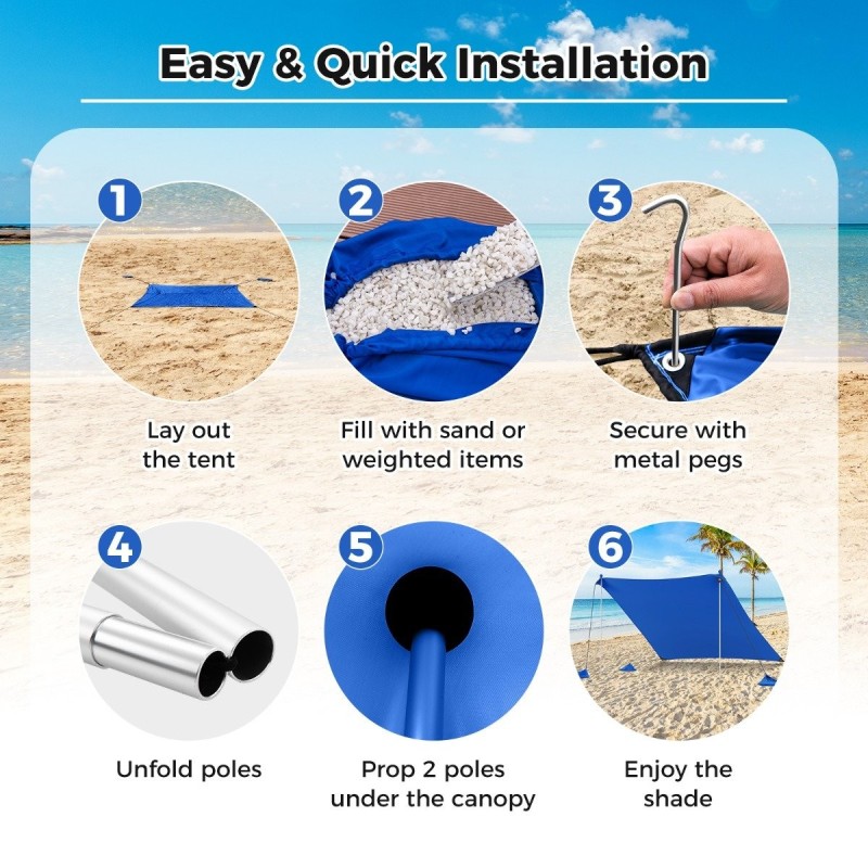 Sininen rantateltta aurinkosuoja UPF 50+ hiekkasäkeillä