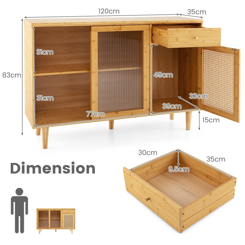 Bambuinen buffet-kaappi liukuovilla ja laatikolla luonnollinen