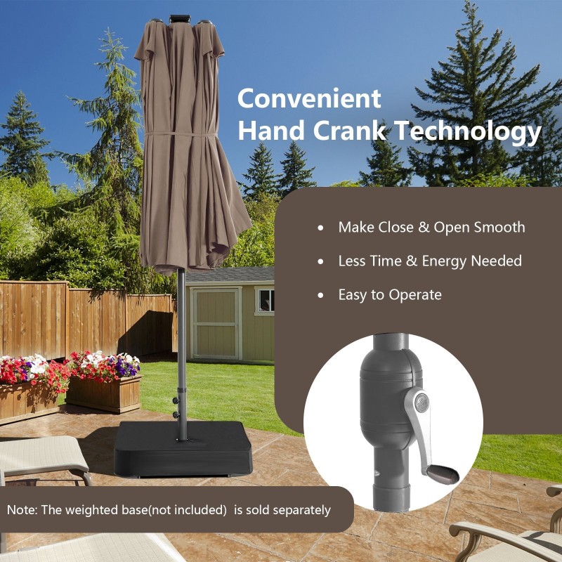 Kaksipuolinen ruskea ulkomarkkinavarjo käsikampimekanismilla