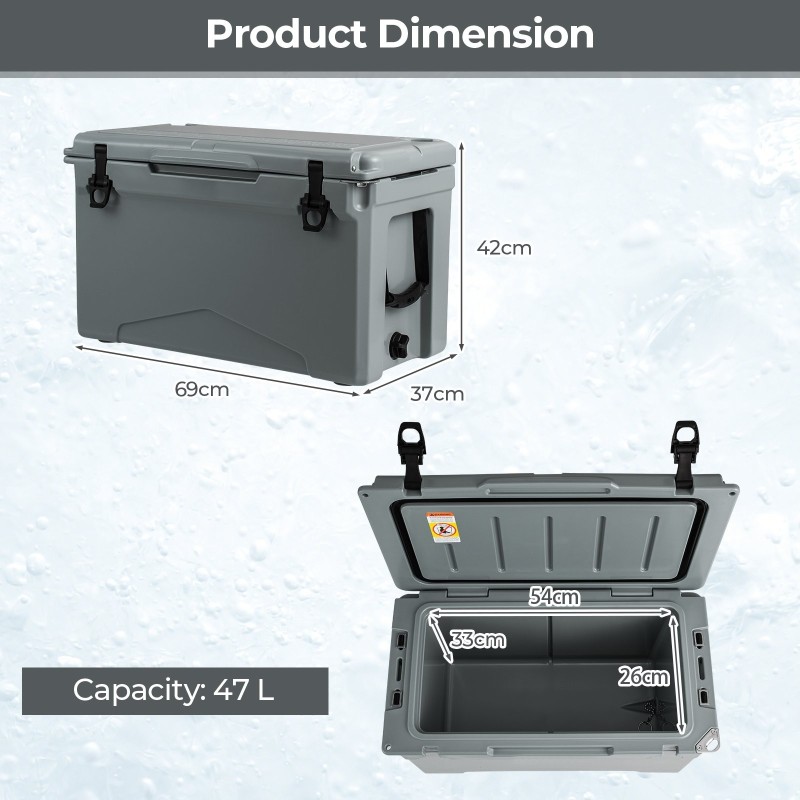 Kannettava 47L harmaa kylmälaukku pullonavaajalla ja tyhjennysjärjestelmällä