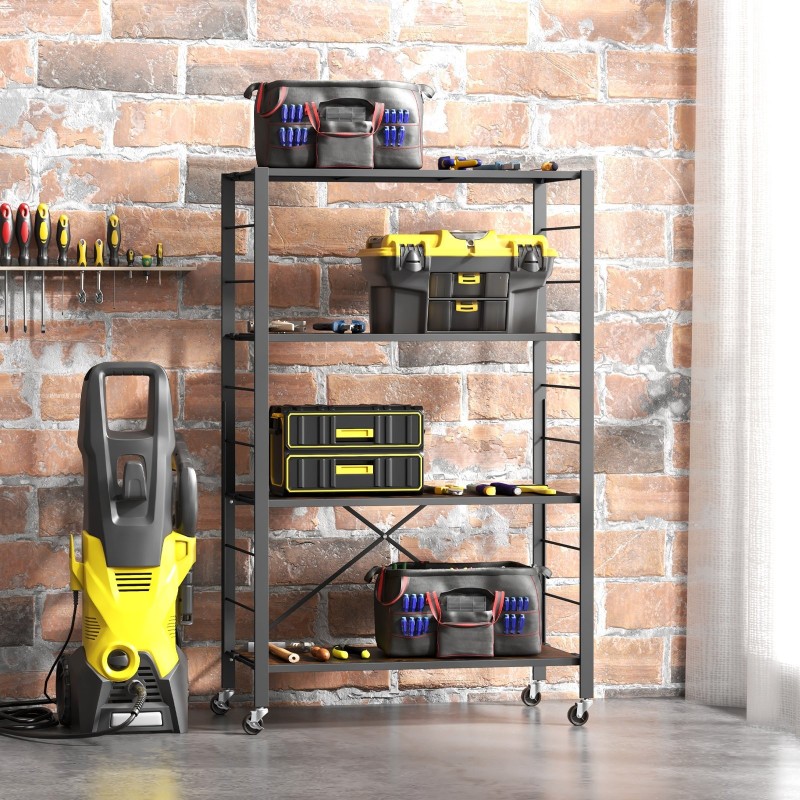 Taitettava nelitasoinen säilytyshylly pyörillä, rustiikkinen ruskea