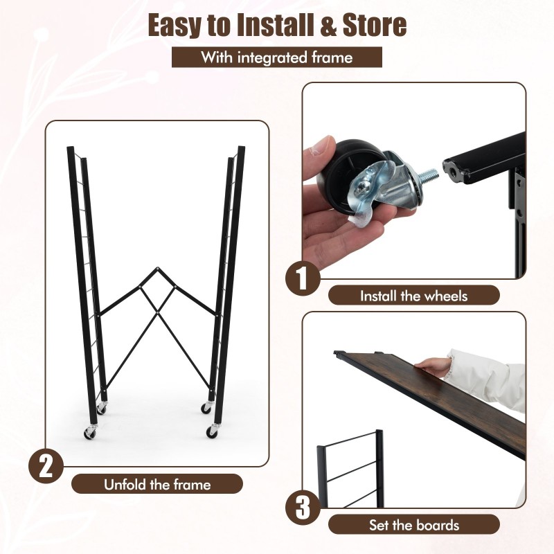 Taitettava nelitasoinen säilytyshylly pyörillä, rustiikkinen ruskea