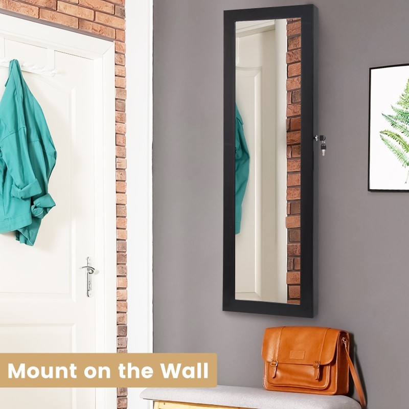 Monikäyttöinen musta LED-korukaappi peilillä ja lukolla