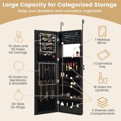 Monikäyttöinen musta LED-korukaappi peilillä ja lukolla
