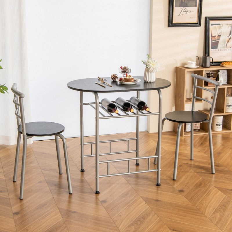 3-osainen ruokailuryhmä viinitelineellä ja metallirungolla - musta/hopea