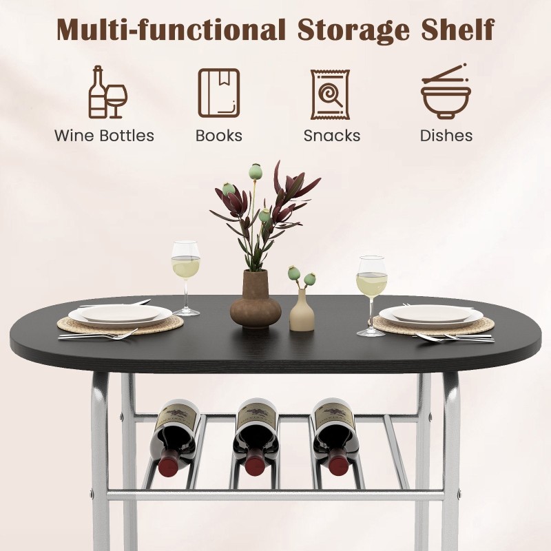 3-osainen ruokailuryhmä viinitelineellä ja metallirungolla - musta/hopea