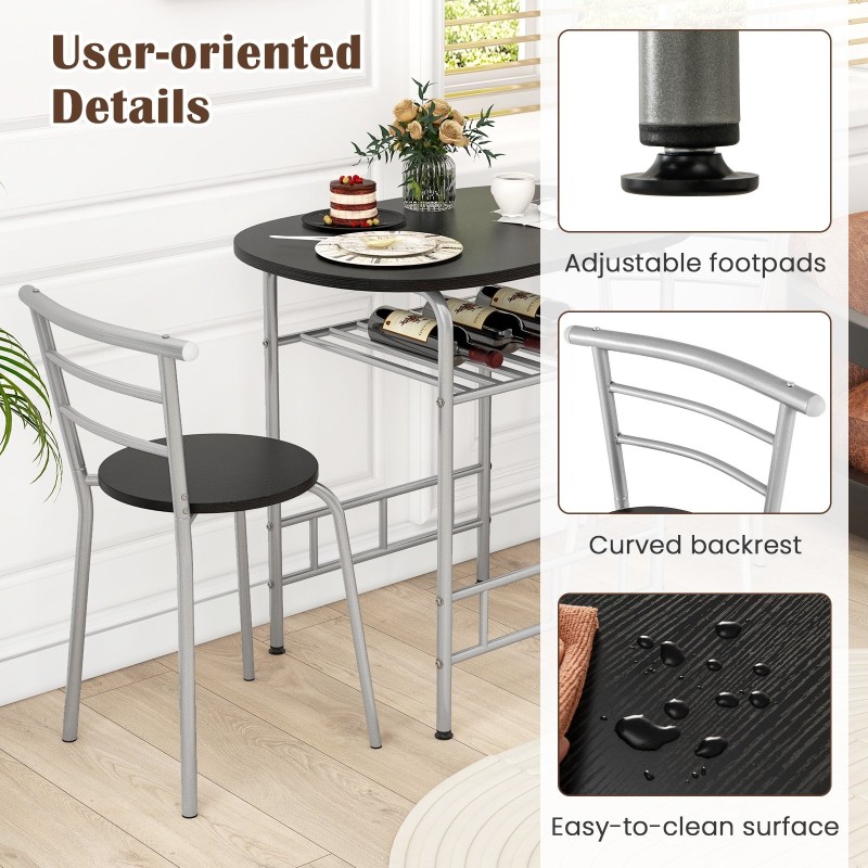 3-osainen ruokailuryhmä viinitelineellä ja metallirungolla - musta/hopea