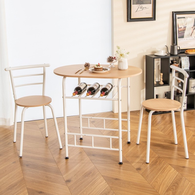 3-osainen ruokailuryhmä viinitelineellä ja metallirungolla