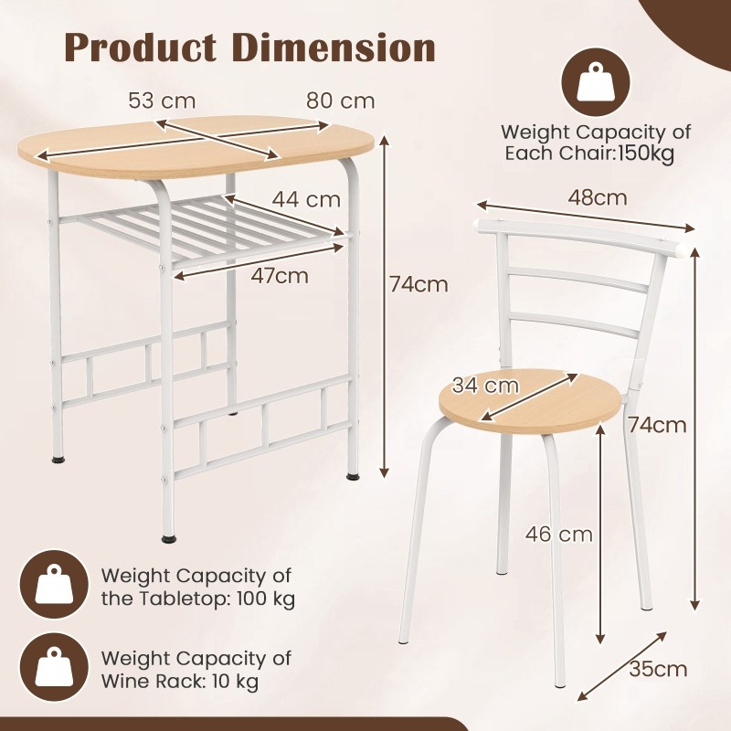 3-osainen ruokailuryhmä viinitelineellä ja metallirungolla