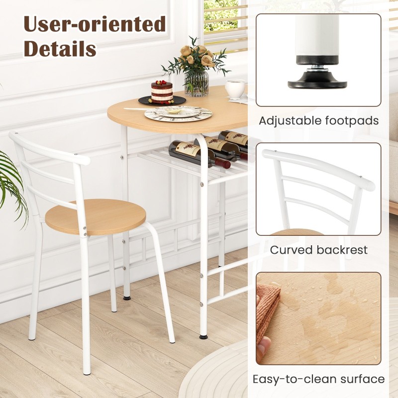 3-osainen ruokailuryhmä viinitelineellä ja metallirungolla