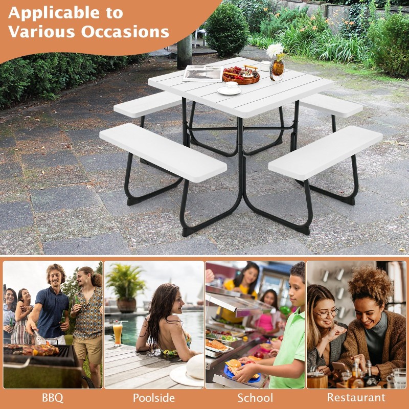 Valkoinen 8-hengen neliö piknikpöytä penkeillä ja varjonreiällä