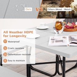 8 hengen harmaa neliönmuotoinen piknikpöytä penkeillä ja varjoreiällä