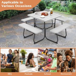 8 hengen harmaa neliönmuotoinen piknikpöytä penkeillä ja varjoreiällä