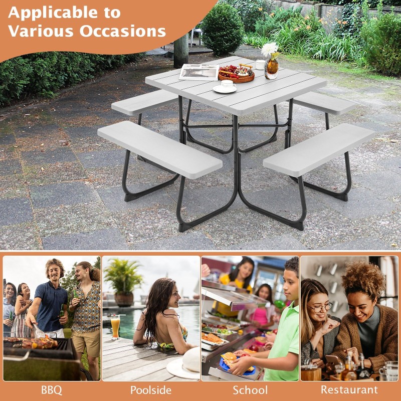 8 hengen harmaa neliönmuotoinen piknikpöytä penkeillä ja varjoreiällä