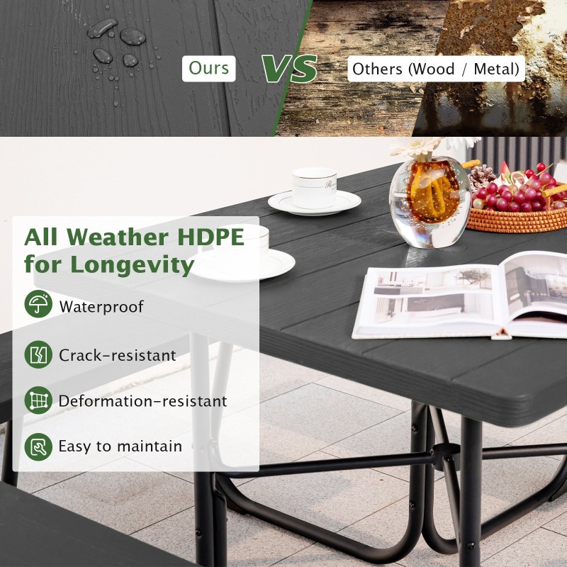 8 hengen musta neliön muotoinen piknikpöytä penkeillä