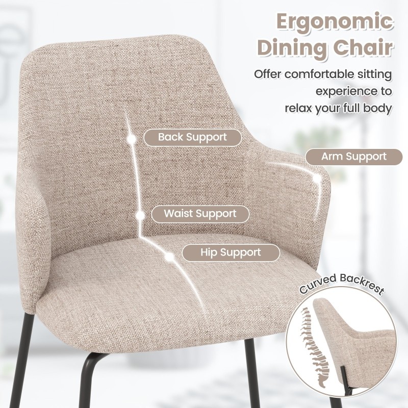 Kaksi beigeä verhoiltua ruokapöydän tuolia kaarevalla selkänojalla