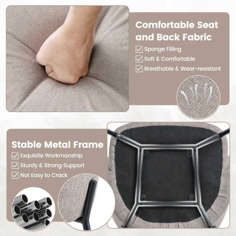 Kaksi beigeä verhoiltua ruokapöydän tuolia kaarevalla selkänojalla