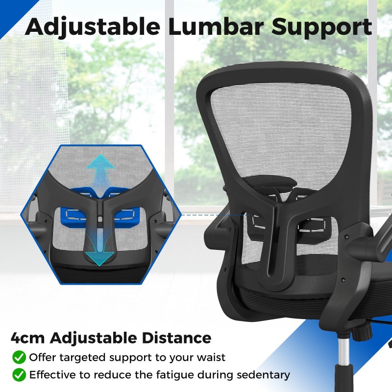 Ergonominen musta toimistotuoli säädettävillä käsinojilla