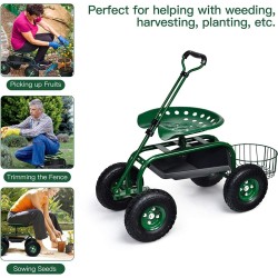 Monipuolinen vihreä puutarhavaunu säädettävällä istuimella ja säilytystilalla