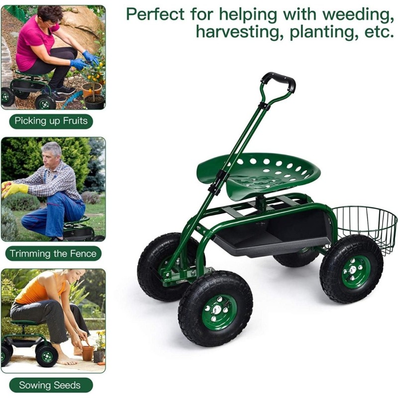 Monipuolinen vihreä puutarhavaunu säädettävällä istuimella ja säilytystilalla