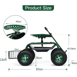 Monipuolinen vihreä puutarhavaunu säädettävällä istuimella ja säilytystilalla