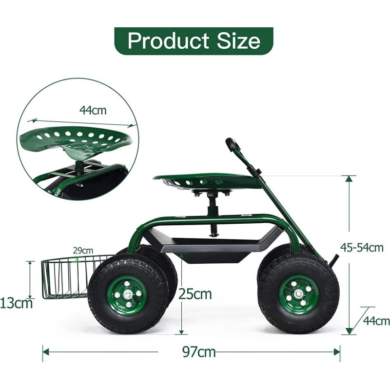 Monipuolinen vihreä puutarhavaunu säädettävällä istuimella ja säilytystilalla