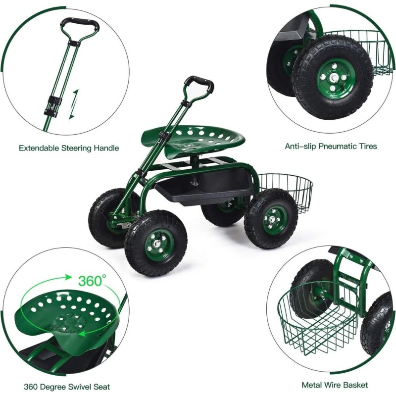 Monipuolinen vihreä puutarhavaunu säädettävällä istuimella ja säilytystilalla