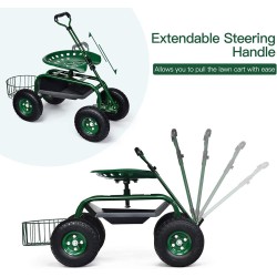 Monipuolinen vihreä puutarhavaunu säädettävällä istuimella ja säilytystilalla