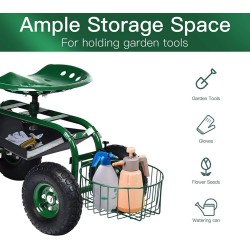 Monipuolinen vihreä puutarhavaunu säädettävällä istuimella ja säilytystilalla