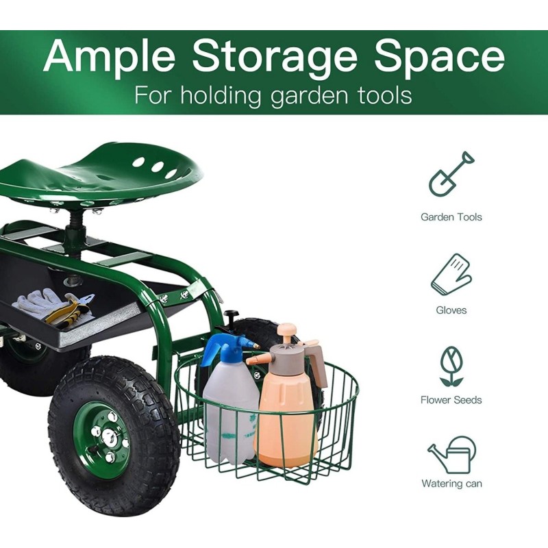 Monipuolinen vihreä puutarhavaunu säädettävällä istuimella ja säilytystilalla