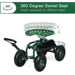 Monipuolinen vihreä puutarhavaunu säädettävällä istuimella ja säilytystilalla