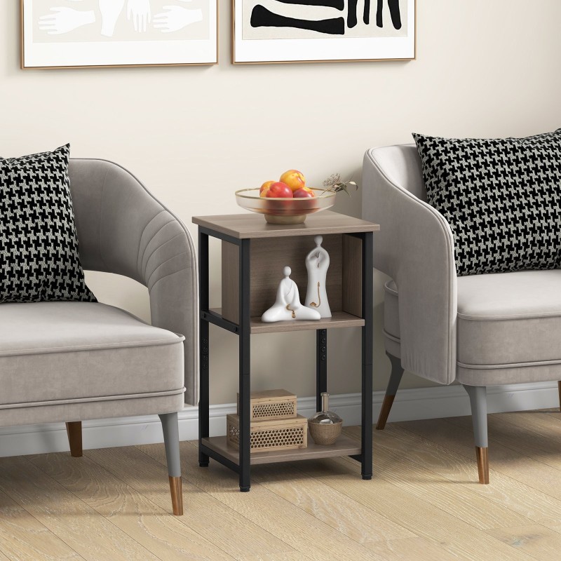 Kolmitasoinen harmaa yöpöytä säilytyshyllyillä pieniin tiloihin