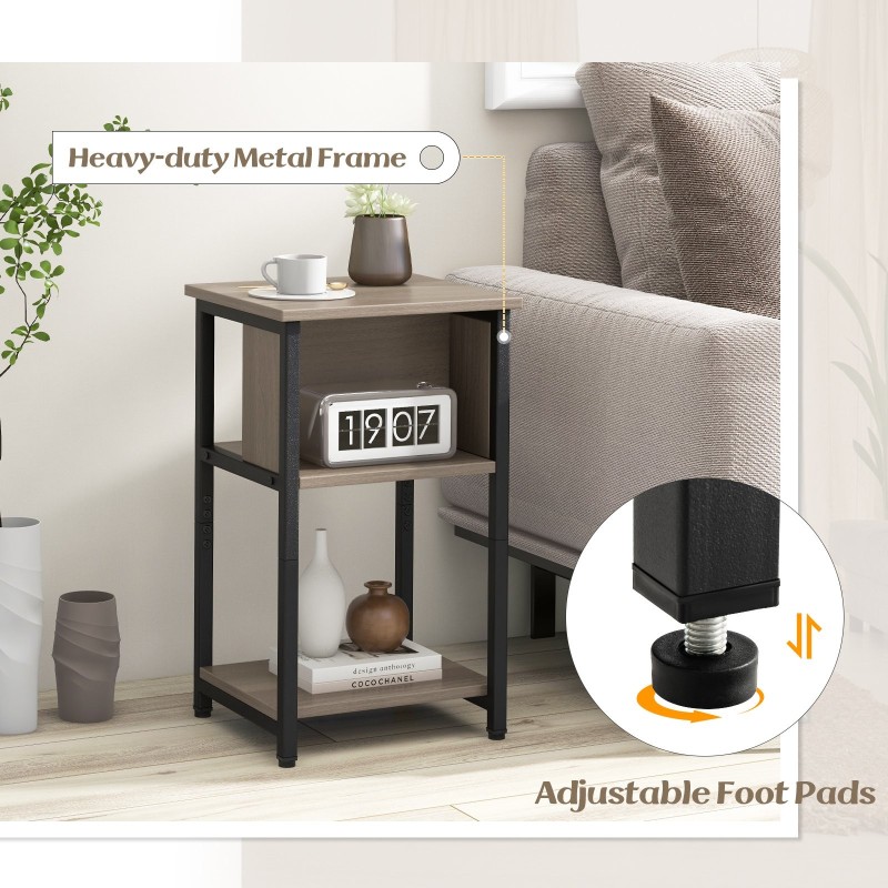 Kolmitasoinen harmaa yöpöytä säilytyshyllyillä pieniin tiloihin