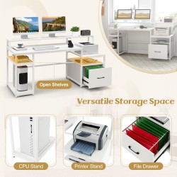 Valkoinen moderni työpöytä näyttötelineellä ja säilytystilalla