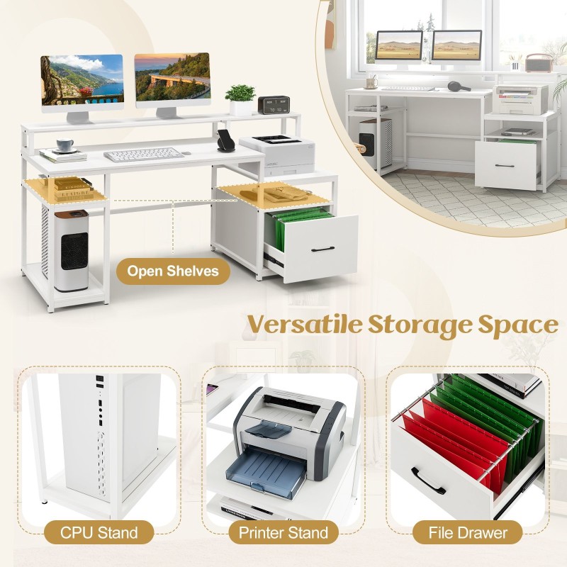 Valkoinen moderni työpöytä näyttötelineellä ja säilytystilalla