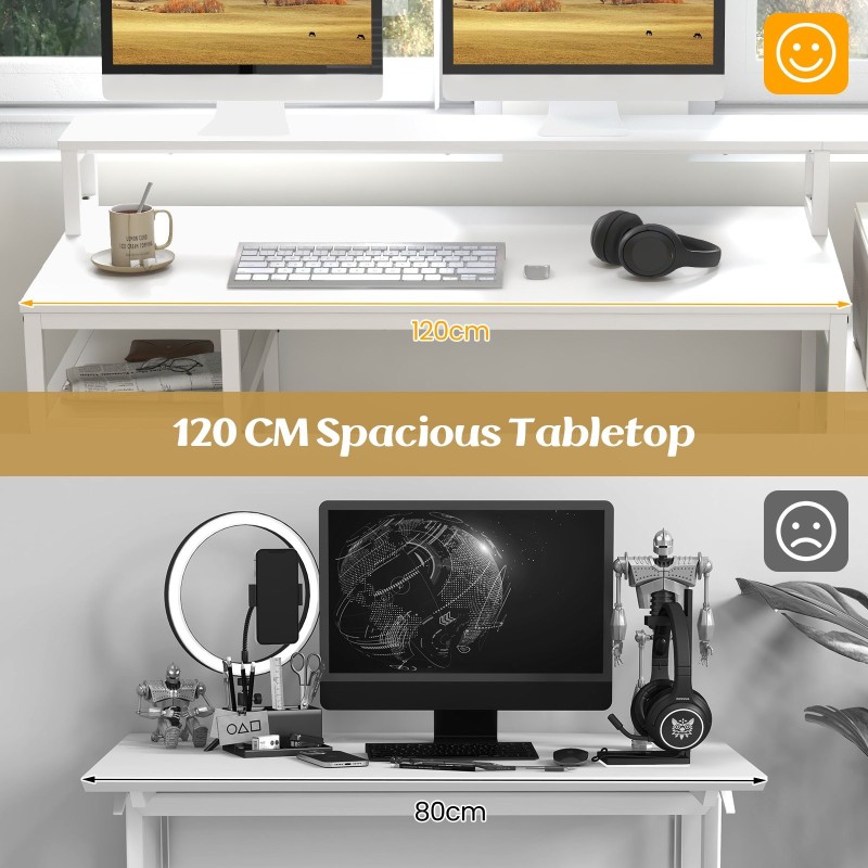 Valkoinen moderni työpöytä näyttötelineellä ja säilytystilalla