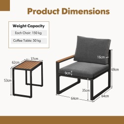 Kolmen osan harmaa alumiininen ulkosohvasetti pehmeillä tyynyillä