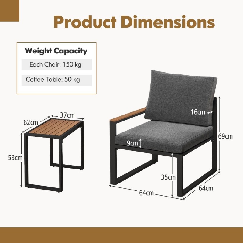 Kolmen osan harmaa alumiininen ulkosohvasetti pehmeillä tyynyillä