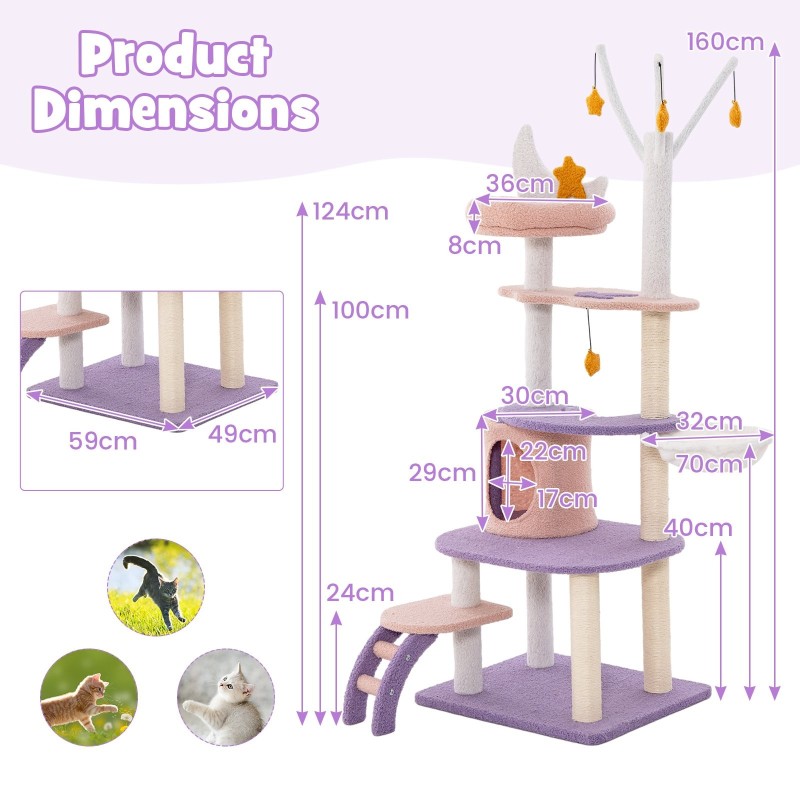 Monitasoinen kissatorni tikkailla ja raapimistolpilla - lila ja pinkki