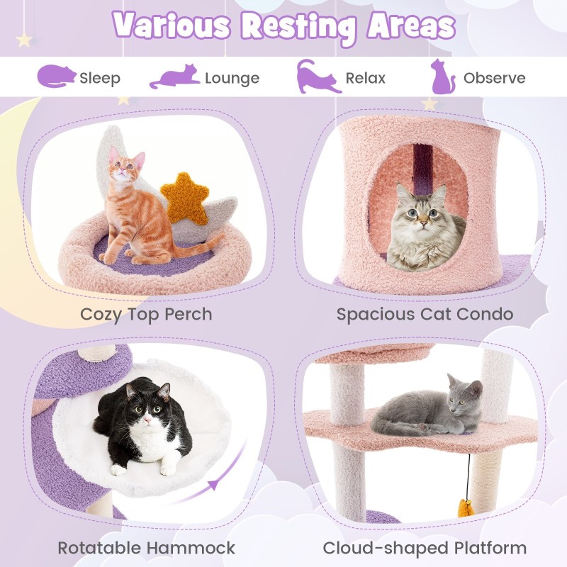 Monitasoinen kissatorni tikkailla ja raapimistolpilla - lila ja pinkki