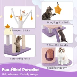 Monitasoinen kissatorni tikkailla ja raapimistolpilla - lila ja pinkki