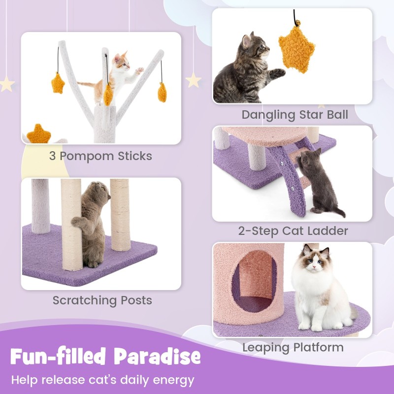 Monitasoinen kissatorni tikkailla ja raapimistolpilla - lila ja pinkki